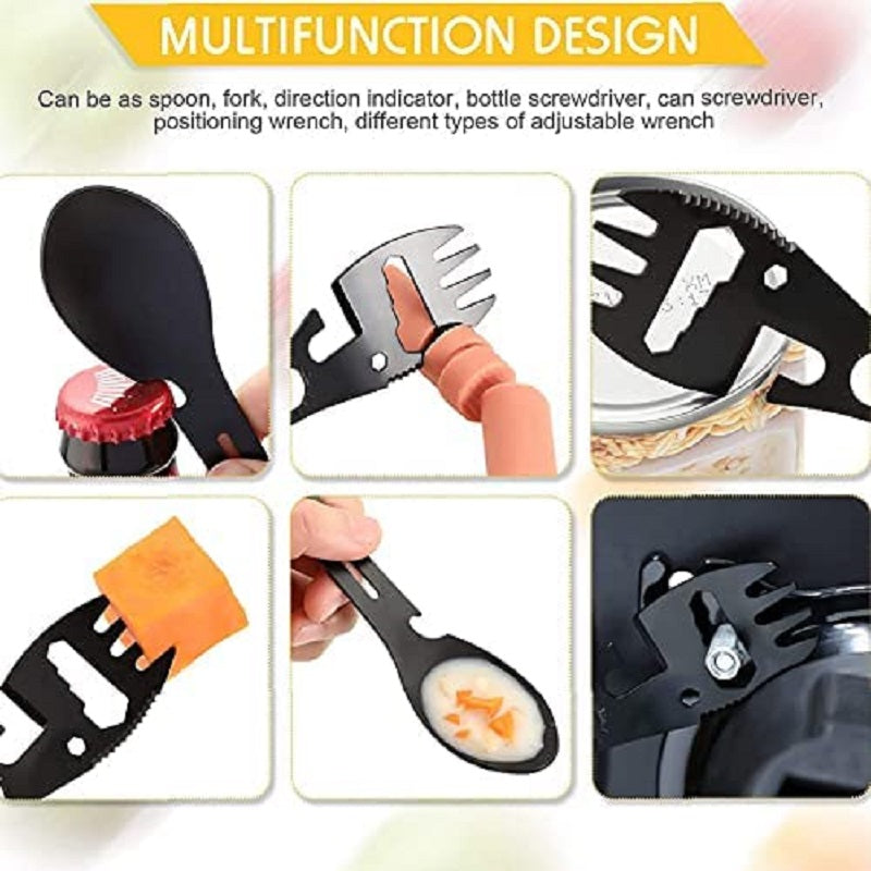 10-in-1 Multi-Functional Spork: Stainless Steel Portable Utensil Spoon, Can Opener, Serrated Knife, Wrench, Direction Indicator, Harpoon - Perfect For Outdoor Camping, Hiking, Picnic & Travel!