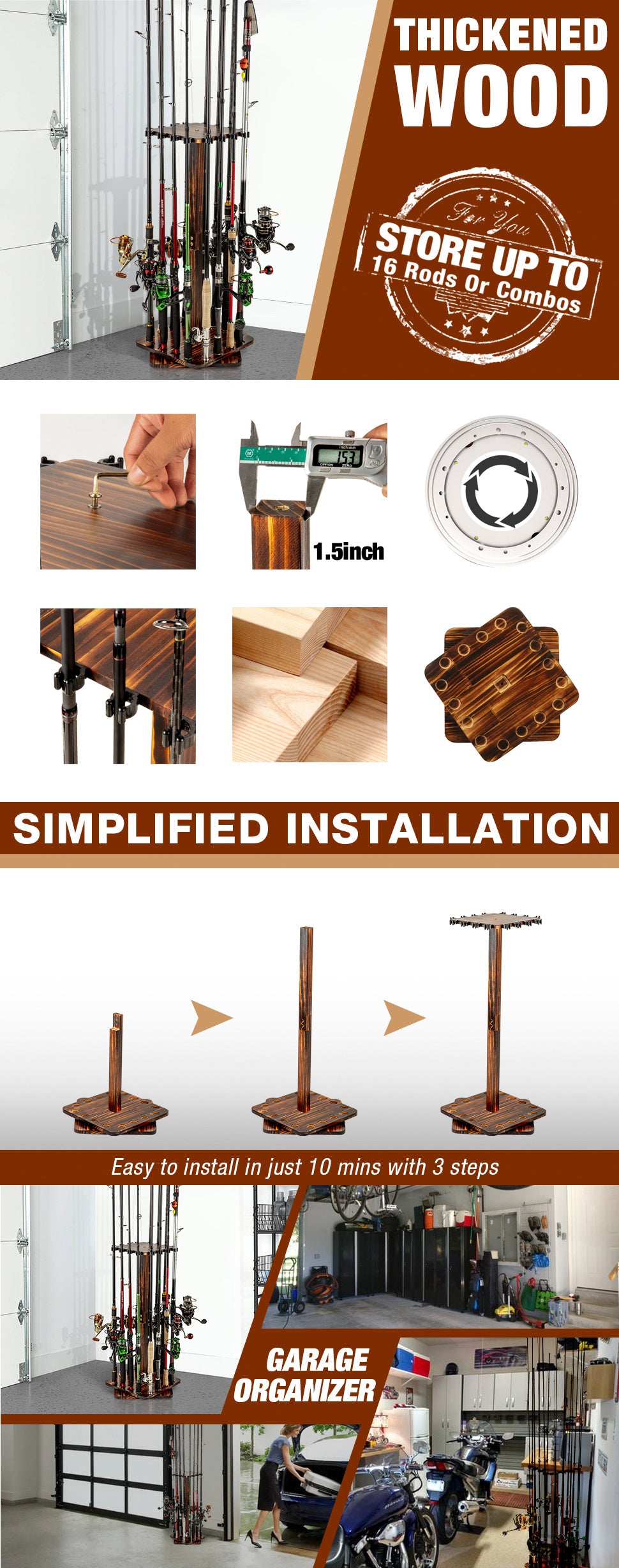 360-Degree Swivel 16-Rod Fishing Pole Storage Rack - Wood Vertical Holder for Garage & Gear Organization, Secure Floor Stand Design
