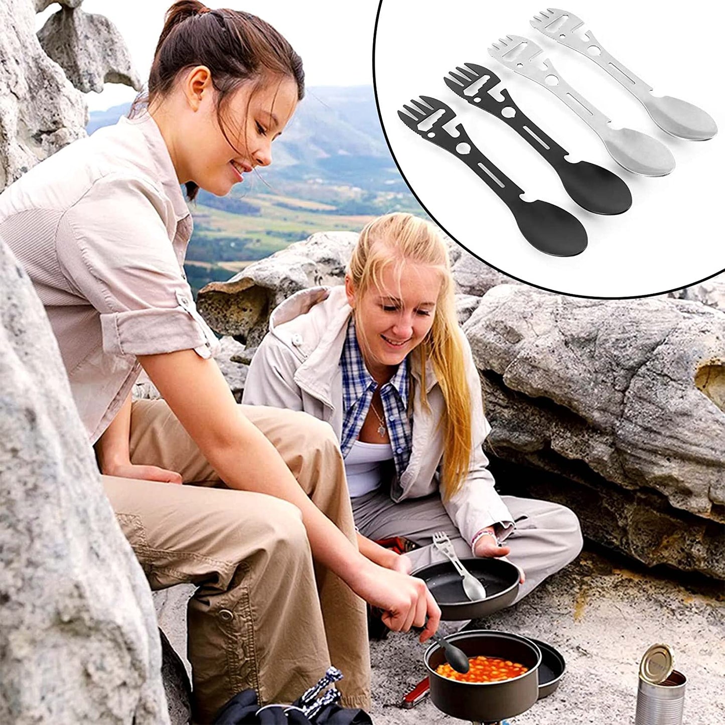 10-in-1 Multi-Functional Spork: Stainless Steel Portable Utensil Spoon, Can Opener, Serrated Knife, Wrench, Direction Indicator, Harpoon - Perfect For Outdoor Camping, Hiking, Picnic & Travel!