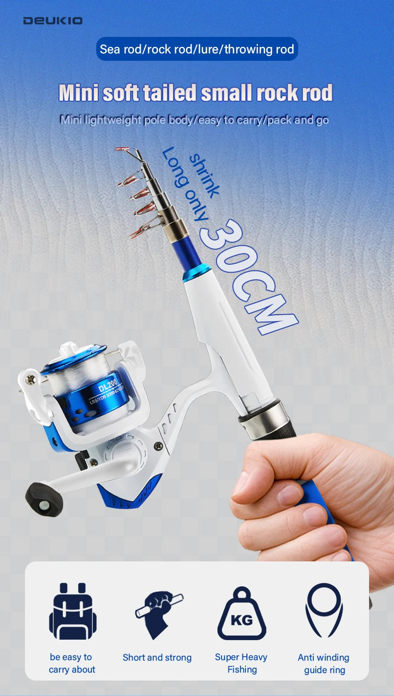 DEUKIO Mini Fishing Pole Kits With Short Telescopic Fishing Rod And Spinning Reel Baits Travel Pole Set for Beginner Children