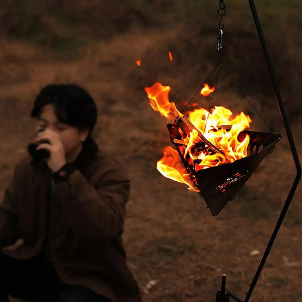 Camping Hanging Triangular Burning Platform Outdoor Triangular Brazier Tripod BBQ Grill Folding Firewood Burner Bonfire Stove