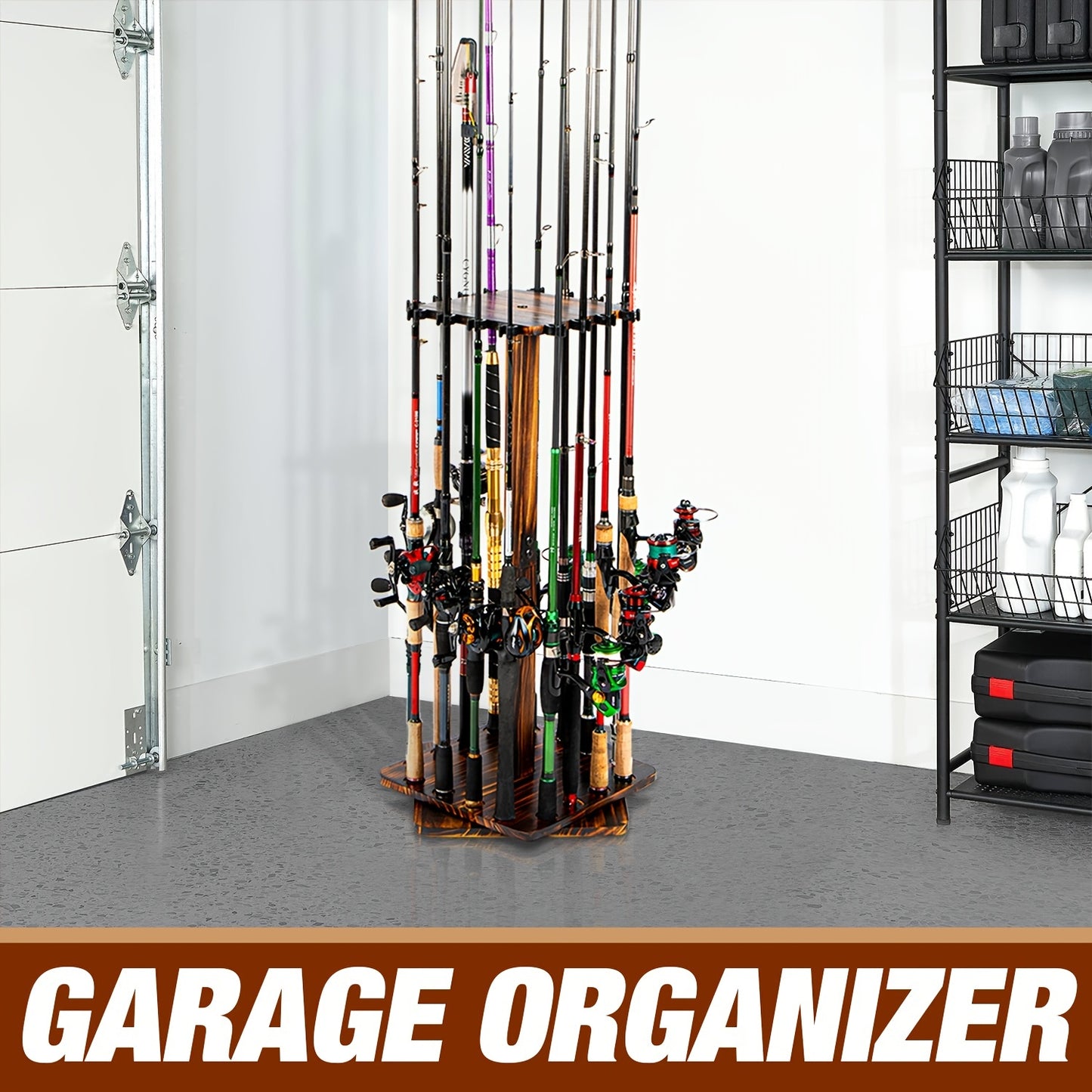 360-Degree Swivel 16-Rod Fishing Pole Storage Rack - Wood Vertical Holder for Garage & Gear Organization, Secure Floor Stand Design