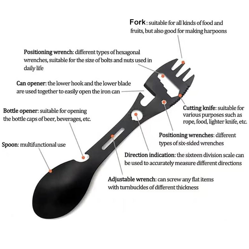 10-in-1 Multi-Functional Spork: Stainless Steel Portable Utensil Spoon, Can Opener, Serrated Knife, Wrench, Direction Indicator, Harpoon - Perfect For Outdoor Camping, Hiking, Picnic & Travel!