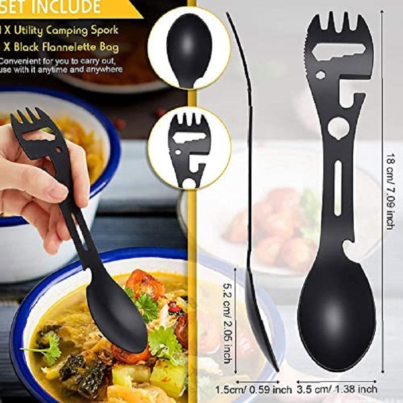 10-in-1 Multi-Functional Spork: Stainless Steel Portable Utensil Spoon, Can Opener, Serrated Knife, Wrench, Direction Indicator, Harpoon - Perfect For Outdoor Camping, Hiking, Picnic & Travel!