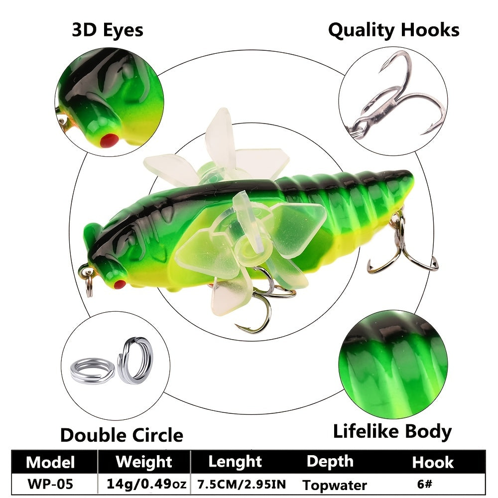Bionic Cicada Hard Fish Lure - Spinning Fishing Bait with Propeller Treble Hook for Freshwater and Saltwater Fishing - 7.5cm/14g - Lifelike Design for Increased Catch Rates - For Anglers - Suitable for Bass, Trout, and Other