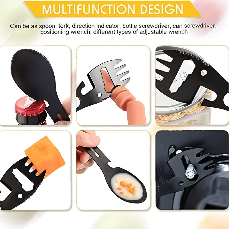 10-in-1 Multi-Functional Spork: Stainless Steel Portable Utensil Spoon, Can Opener, Serrated Knife, Wrench, Direction Indicator, Harpoon - Perfect For Outdoor Camping, Hiking, Picnic & Travel!