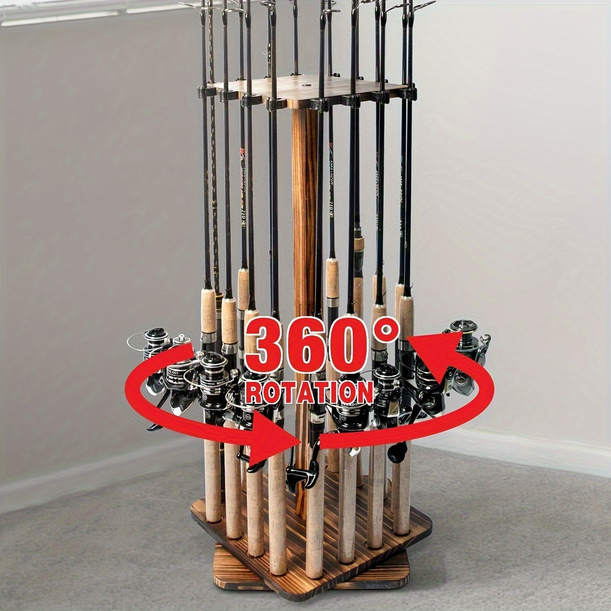 360-Degree Swivel 16-Rod Fishing Pole Storage Rack - Wood Vertical Holder for Garage & Gear Organization, Secure Floor Stand Design