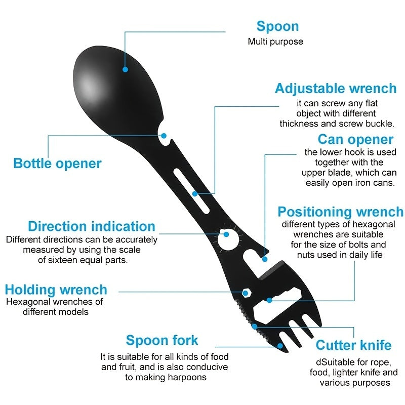10-in-1 Multi-Functional Spork: Stainless Steel Portable Utensil Spoon, Can Opener, Serrated Knife, Wrench, Direction Indicator, Harpoon - Perfect For Outdoor Camping, Hiking, Picnic & Travel!