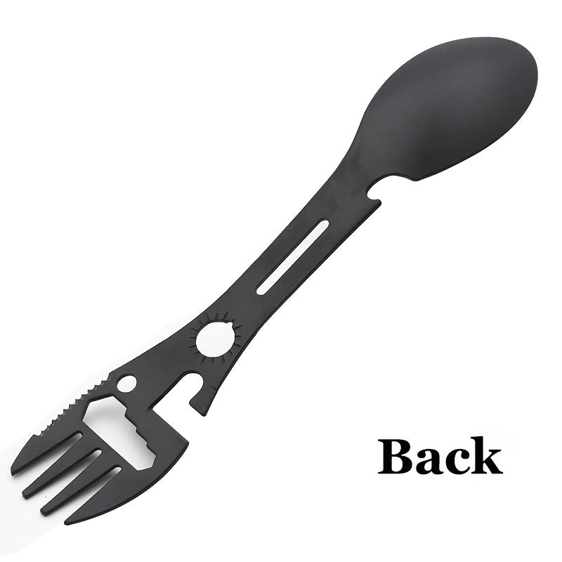 10-in-1 Multi-Functional Spork: Stainless Steel Portable Utensil Spoon, Can Opener, Serrated Knife, Wrench, Direction Indicator, Harpoon - Perfect For Outdoor Camping, Hiking, Picnic & Travel!