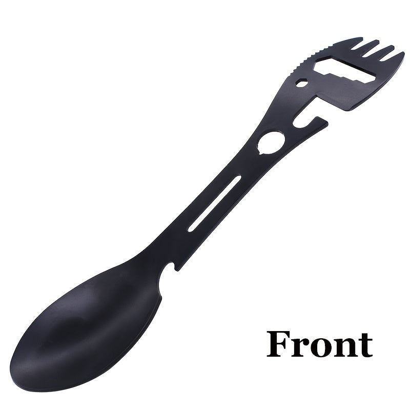 10-in-1 Multi-Functional Spork: Stainless Steel Portable Utensil Spoon, Can Opener, Serrated Knife, Wrench, Direction Indicator, Harpoon - Perfect For Outdoor Camping, Hiking, Picnic & Travel!