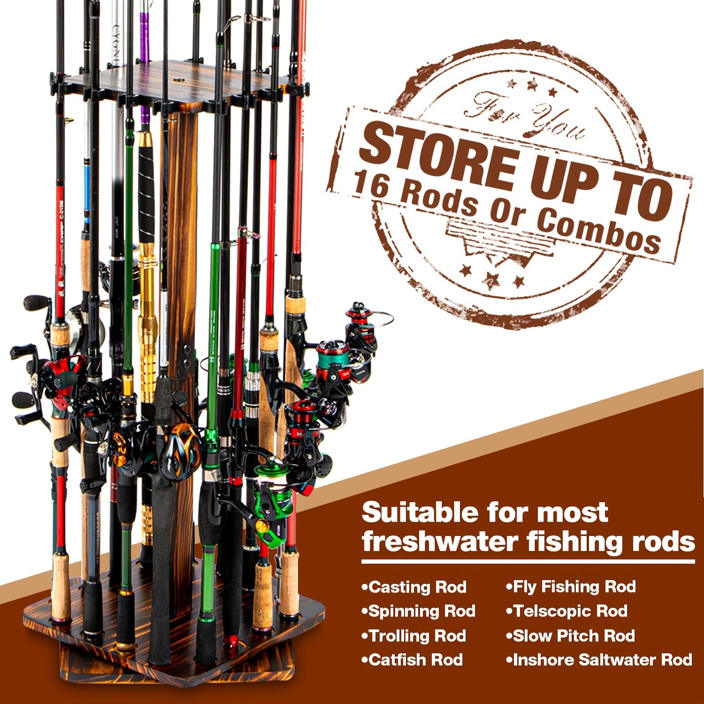 360-Degree Swivel 16-Rod Fishing Pole Storage Rack - Wood Vertical Holder for Garage & Gear Organization, Secure Floor Stand Design