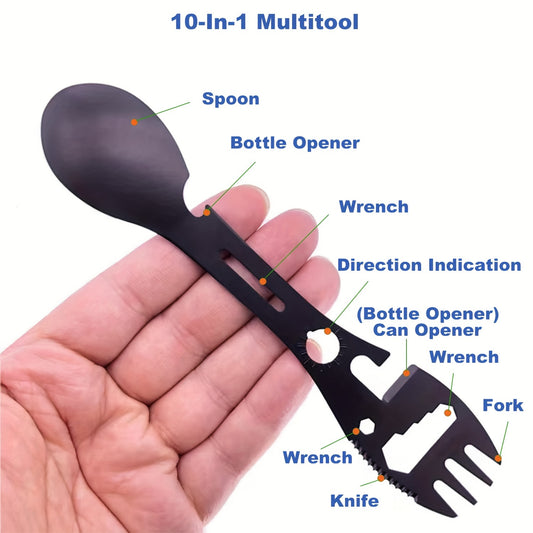 10-in-1 Multi-Functional Spork: Stainless Steel Portable Utensil Spoon, Can Opener, Serrated Knife, Wrench, Direction Indicator, Harpoon - Perfect For Outdoor Camping, Hiking, Picnic & Travel!