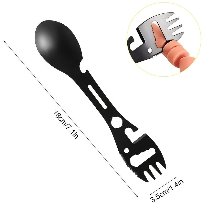 10-in-1 Multi-Functional Spork: Stainless Steel Portable Utensil Spoon, Can Opener, Serrated Knife, Wrench, Direction Indicator, Harpoon - Perfect For Outdoor Camping, Hiking, Picnic & Travel!