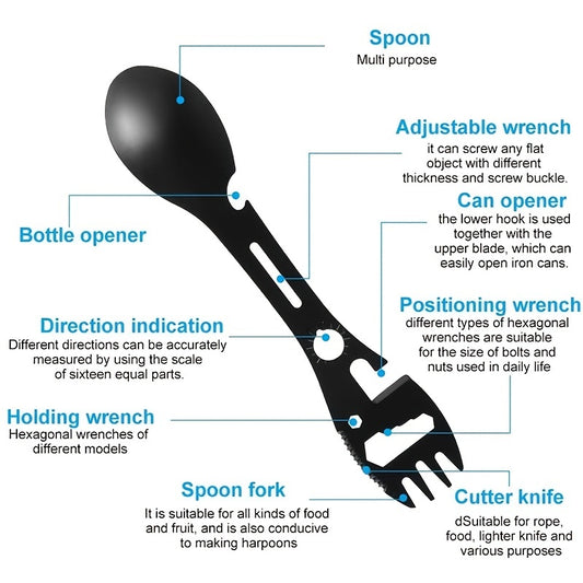 10-in-1 Multi-Functional Spork: Stainless Steel Portable Utensil Spoon, Can Opener, Serrated Knife, Wrench, Direction Indicator, Harpoon - Perfect For Outdoor Camping, Hiking, Picnic & Travel!