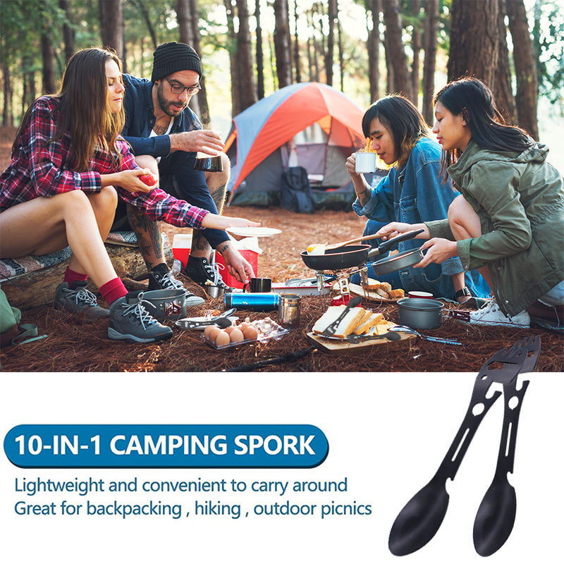 10-in-1 Multi-Functional Spork: Stainless Steel Portable Utensil Spoon, Can Opener, Serrated Knife, Wrench, Direction Indicator, Harpoon - Perfect For Outdoor Camping, Hiking, Picnic & Travel!